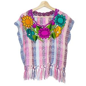 NWOT Mexican Huipil Rebozo Cropped Top Blouse Fringed Multicolor One Size